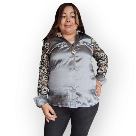 Laura Medium Elegant Gray and Black Lace Women's Top - Picture 5 of 8